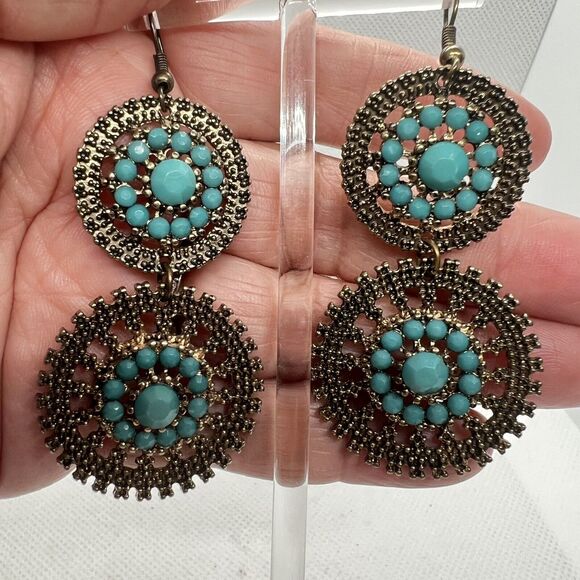 Antique Gold Tone Sunburst Dangle Earrings Faux Turquoise Stones Statement - Picture 3 of 4